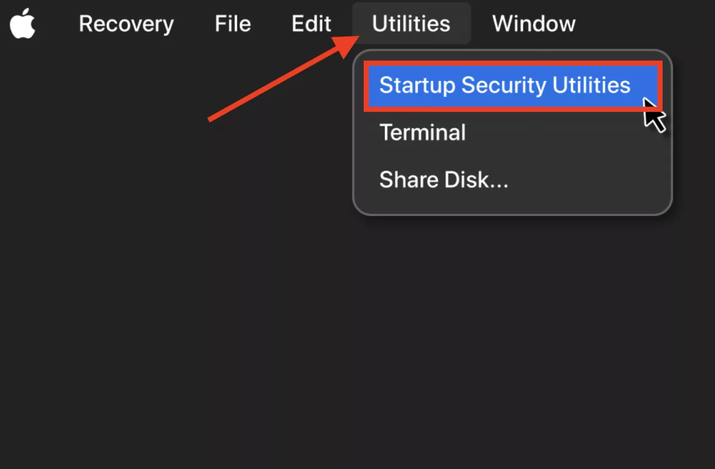 In Recovery Mode, go to the top menu bar, click Utilities, and select Startup Security Utility to review and adjust your Mac's security settings.