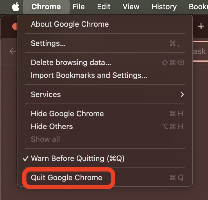 Chrome menu bar on macOS displaying the Quit Google Chrome option, used to restart the browser and clear Crashpad spikes on a MacBook.