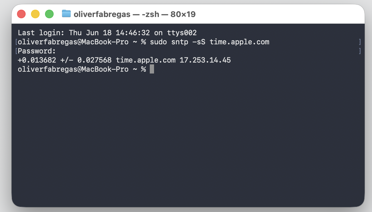 Terminal on an Apple laptop showing the admin password prompt and a successful time.apple.com sync result in macOS Tahoe.