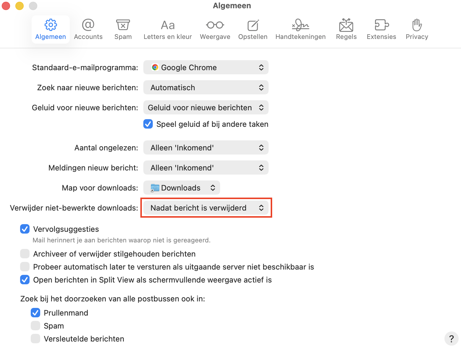 Selecteer de optie ‘Na verwijdering van bericht’ om e-mailbijlagen en reclameberichten te verwijderen via het onderdeel Algemeen in de Mail-voorkeuren.