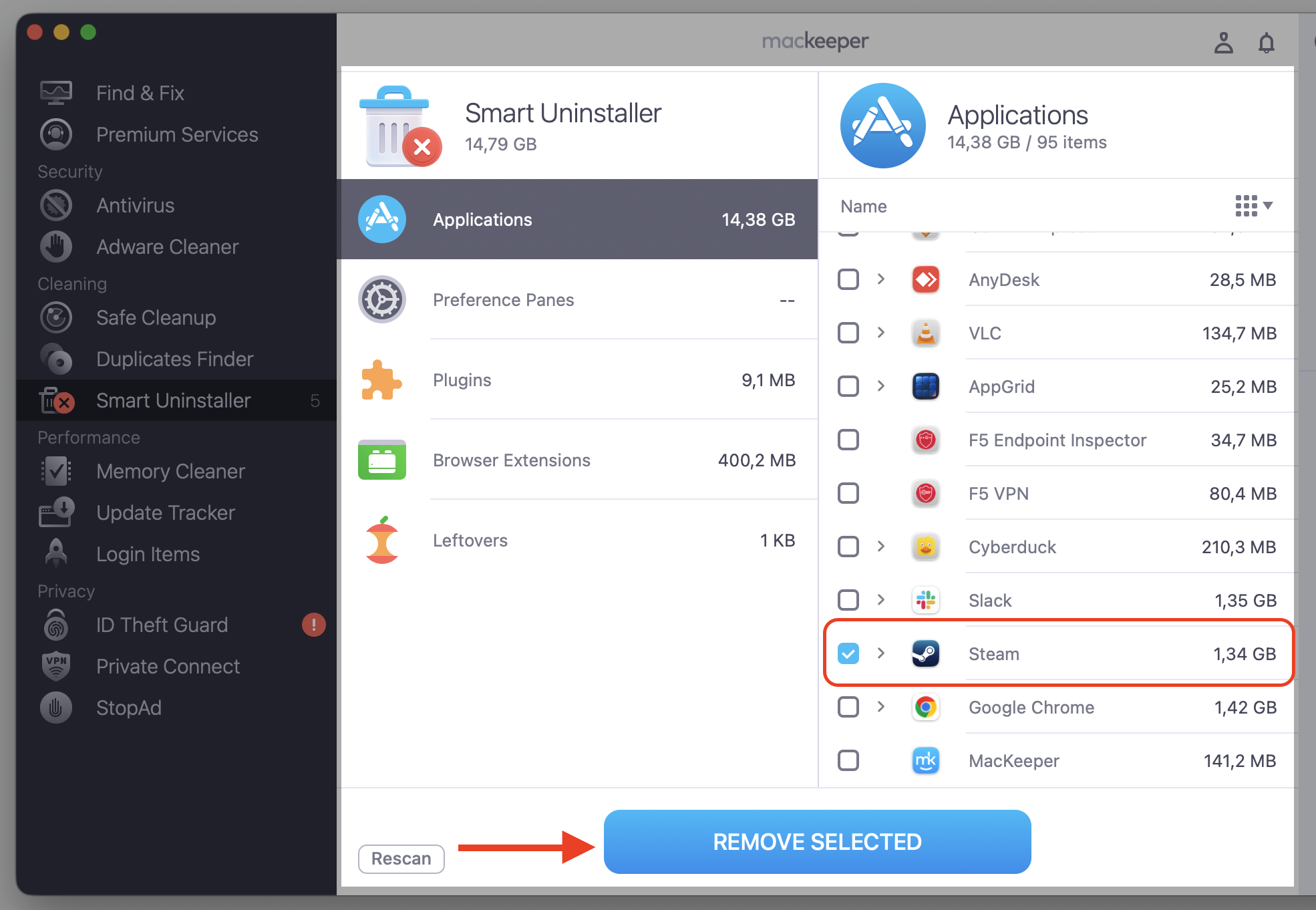 Tick Steam under Applications in MacKeeper Smart Uninstaller on your Mac, then click Remove Selected to uninstall it.