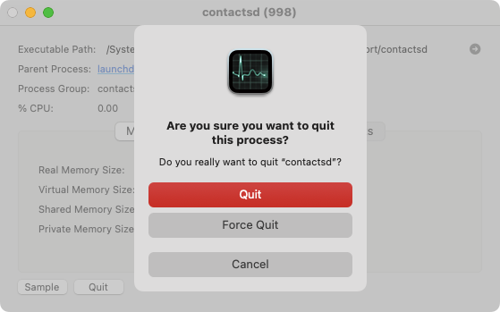 When you click the 'Quit' button, Activity Monitor will give you two options. You can either Quit or Force Quit the process. Try 'Quit' first, and if it doesn't work, click 'Force Quit'.