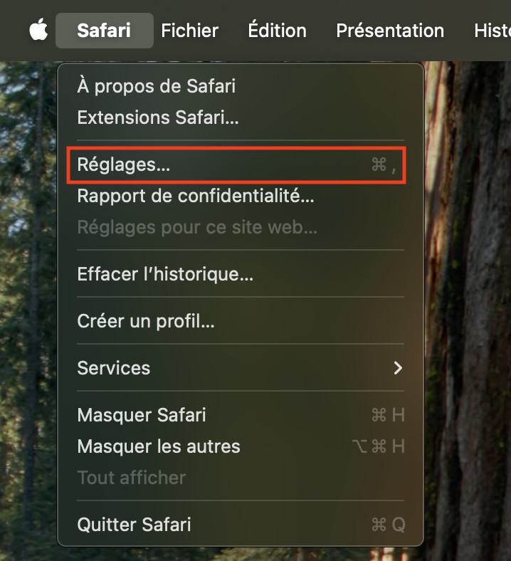 Commencez par ouvrir le navigateur Safari. Puis rendez-vous dans Réglages, sélectionnez Avancés pour modifier les paramètres avancés vous permettant de vider le cache de Safari sur Mac.
