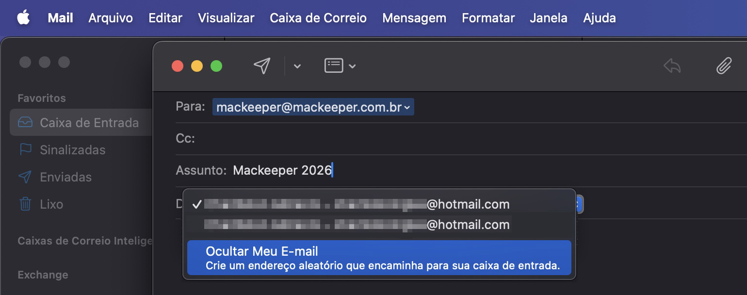 Para escolher um servidor de saída de email (SMTP) diferente na janela de composição de email, selecione De e escolha um da lista na janela Nova Mensagem do Mail no Mac.