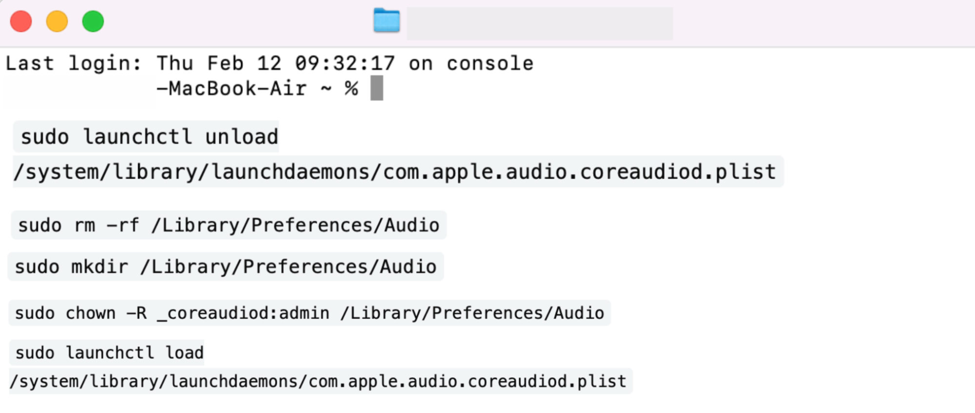 Once that’s done, all that’s left is to reload the daemon with the command: sudo launchctl load /system/library/launchdaemons/com.apple.audio.coreaudiod.plist.