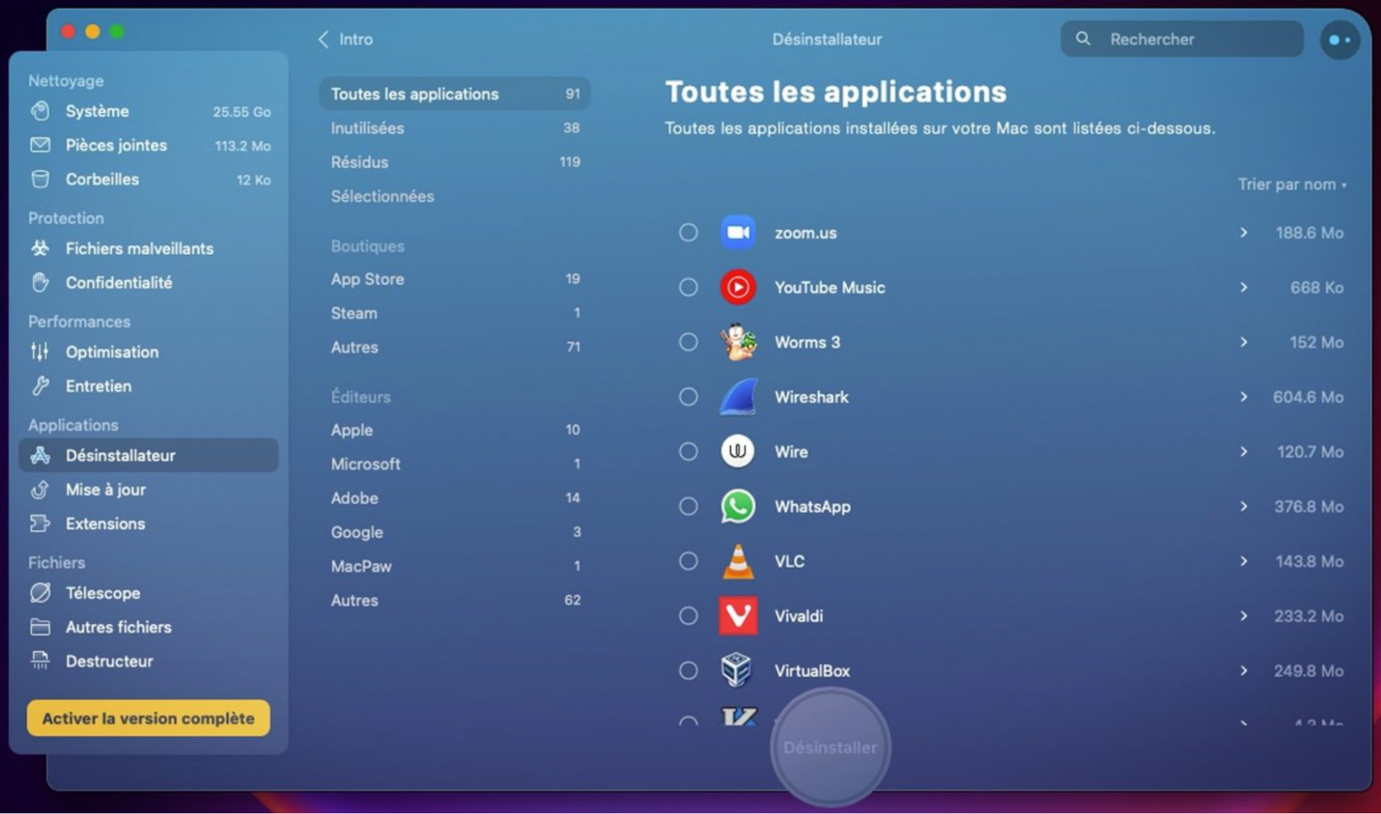 Le désinstallateur de CleanMyMac X permet de trier les résultats d’analyse, y compris par vendeur et selon que les programmes proviennent ou non de l’App Store.