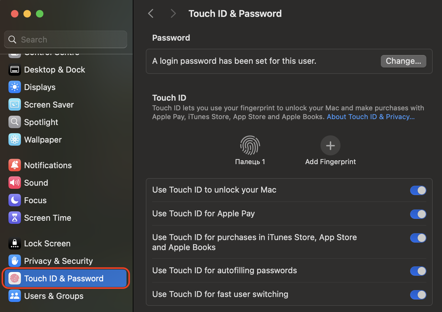 From System Settings, select Touch ID & Password to manage fingerprint options and adjust authentication settings for faster, secure access.