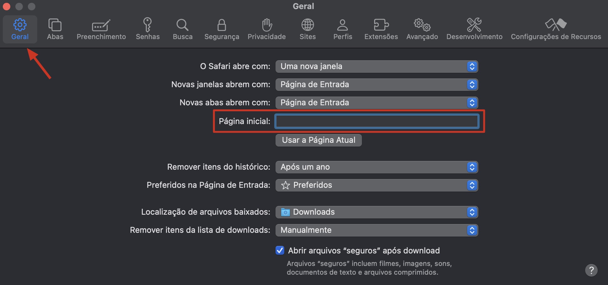 O menu Geral dentro do Safari no Mac. Verifique sua Página Inicial, depois insira uma nova se necessário.