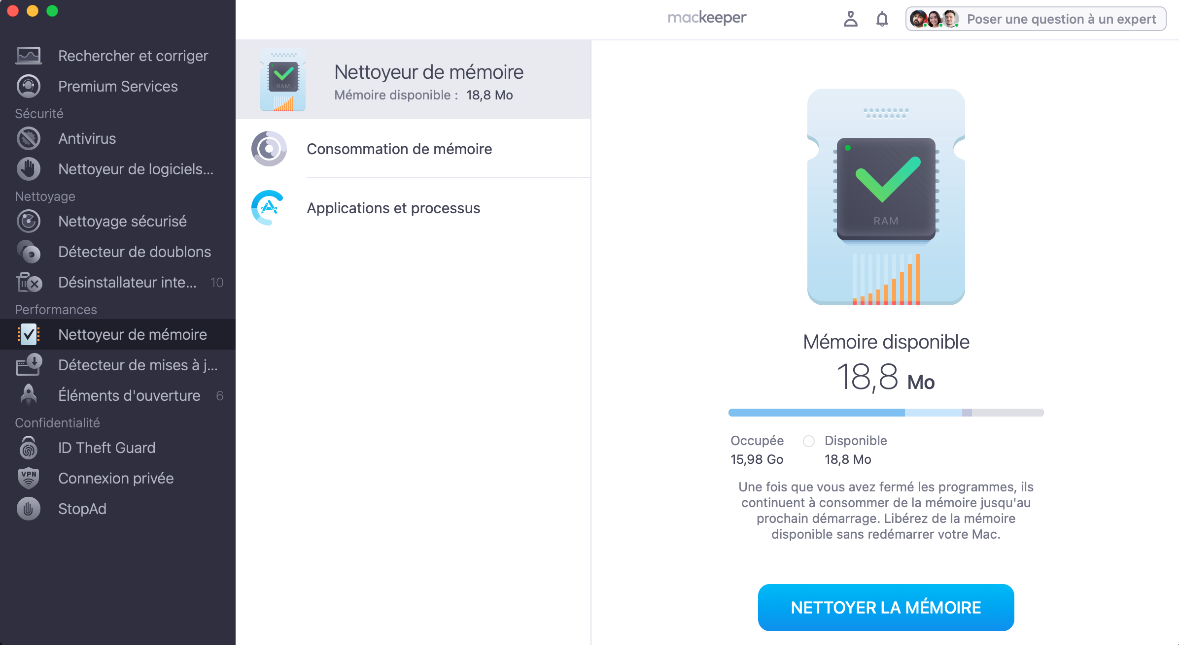 Cliquez sur Nettoyer la mémoire et attendez que MacKeeper ait fini de débarrasser votre ordinateur des fichiers inutiles qu'il contient.