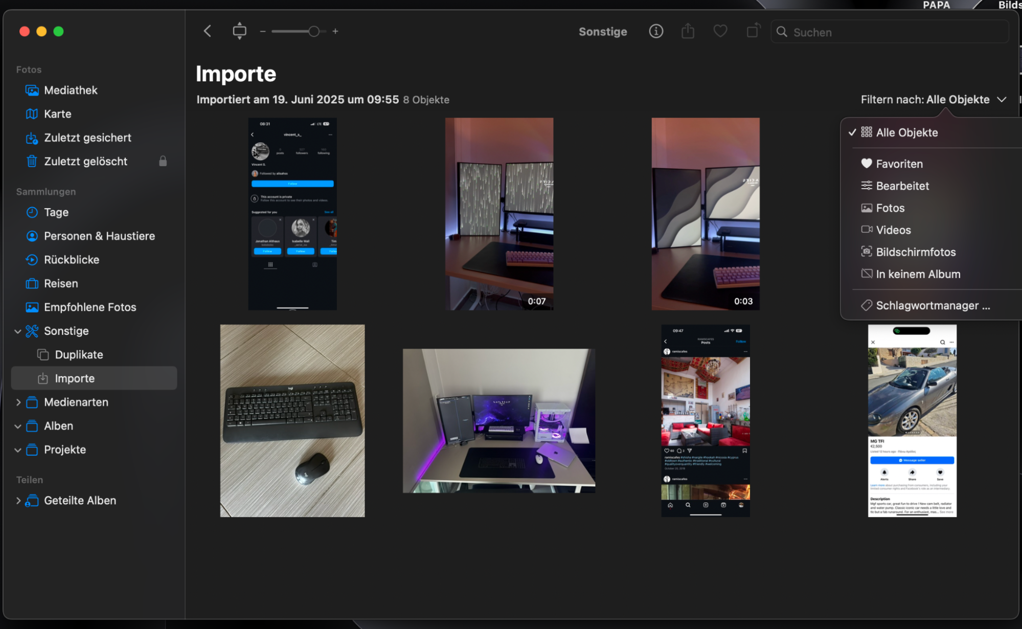 Sie können Ihre Fotos nach Belieben filtern. Klicken Sie dazu im Importfenster oben rechts auf Filtern nach: Alle Objekte und wählen Sie aus den Kategorien Favoriten, Bearbeitet, Fotos und Videos.