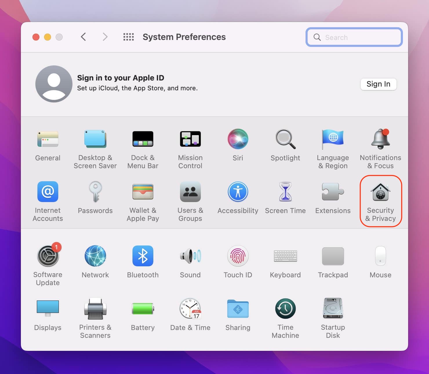 The Security & Privacy option in the System Preferences app on Mac. Here, you can check your Mac's firewall settings when macOS Monterey cannot be installed on Macintosh HD because it won't download.