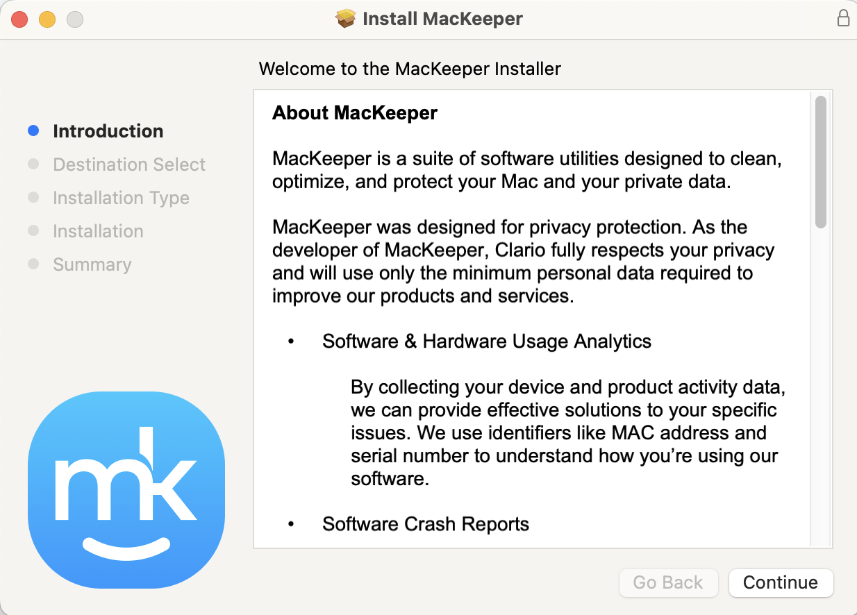 When you download MacKeeper, a pop-up installation window will appear. Tap Continue on the first section to keep moving through this.