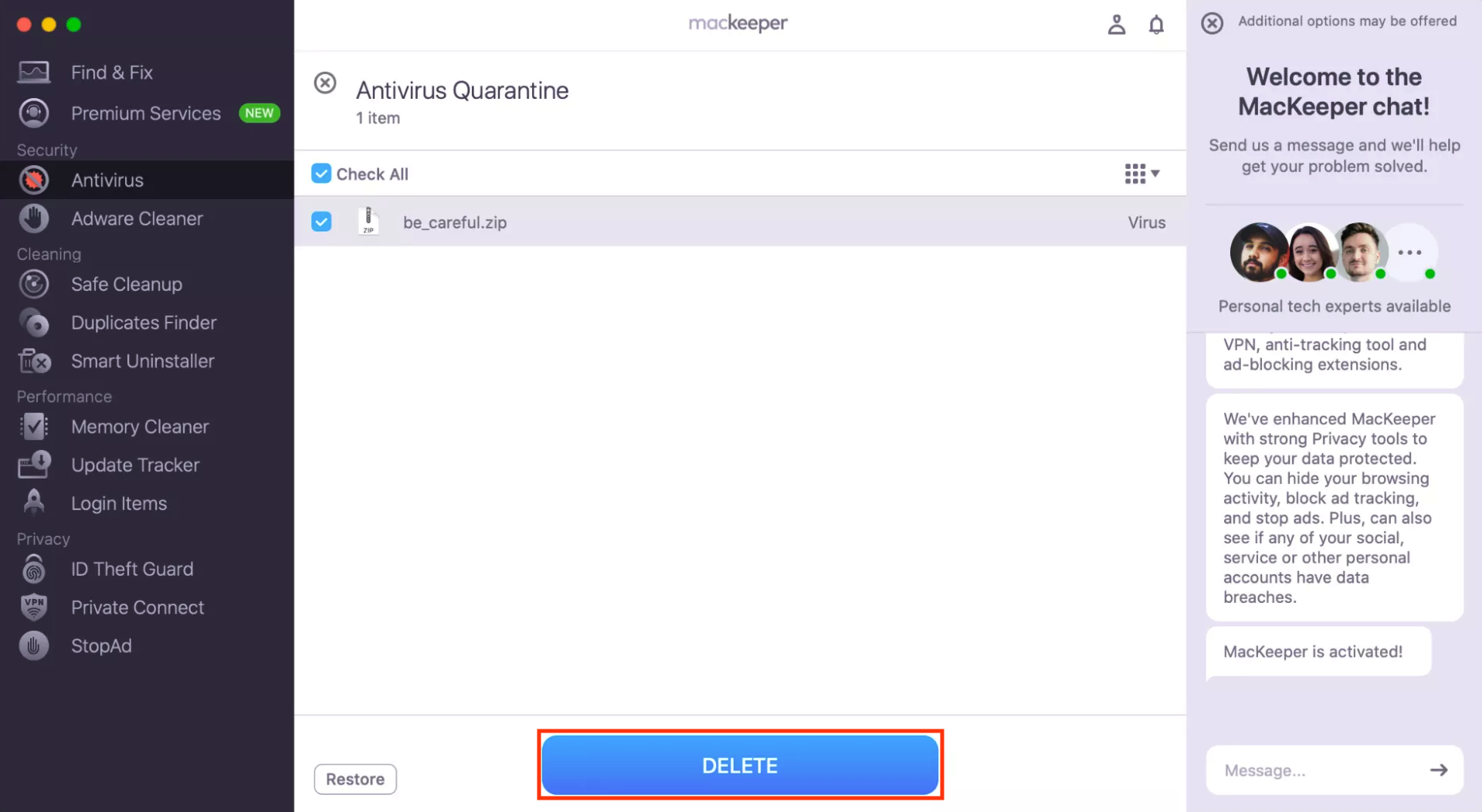 The Antivirus feature in MacKeeper on Mac. If you find viruses on your system that are stopping you from seeing USB devices, use MacKeeper's Antivirus to detect and delete them.