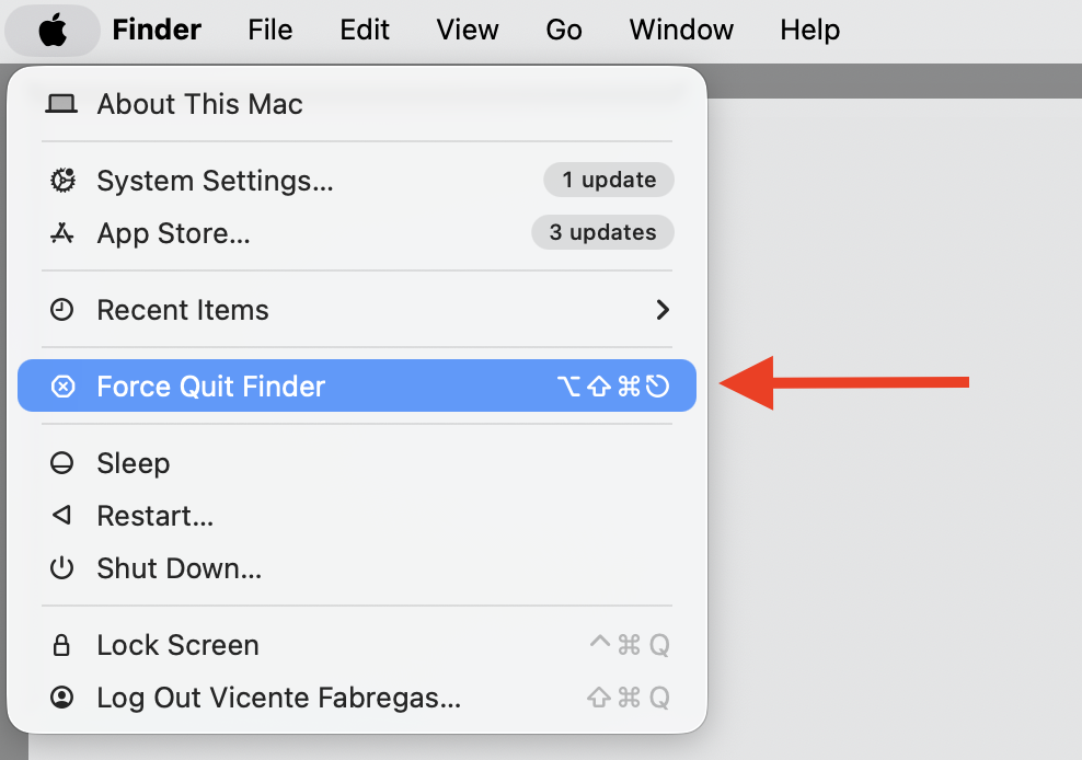 Apple menu open on macOS with Force Quit highlighted, the first step to force quit an unresponsive app still using the MacBook camera.