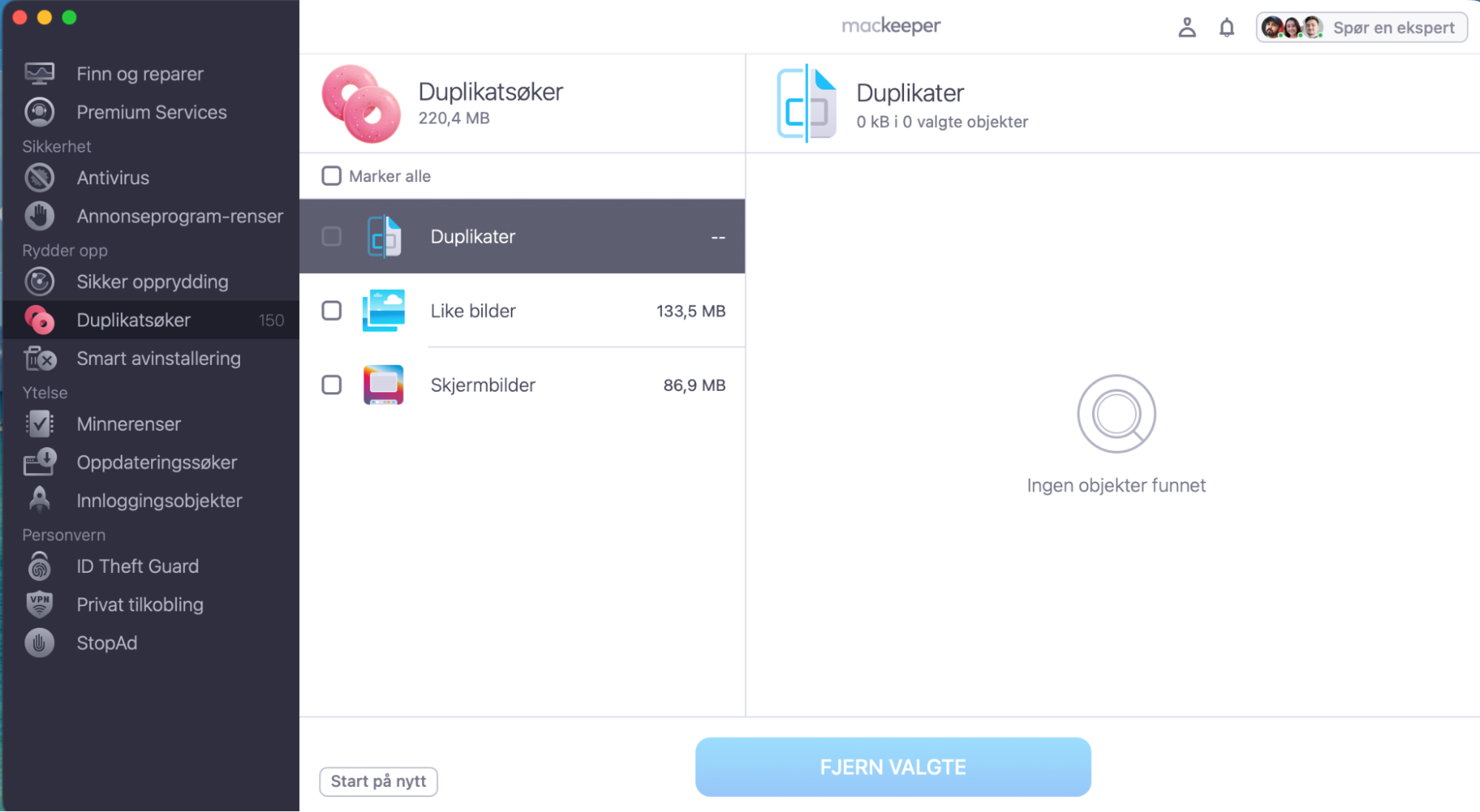 Duplikatsøker-verktøyet inne i MacKeeper for Mac. For å frigjøre diskplass på datamaskinen din, velg kopiene du vil fjerne, og klikk deretter på Fjern valgte.