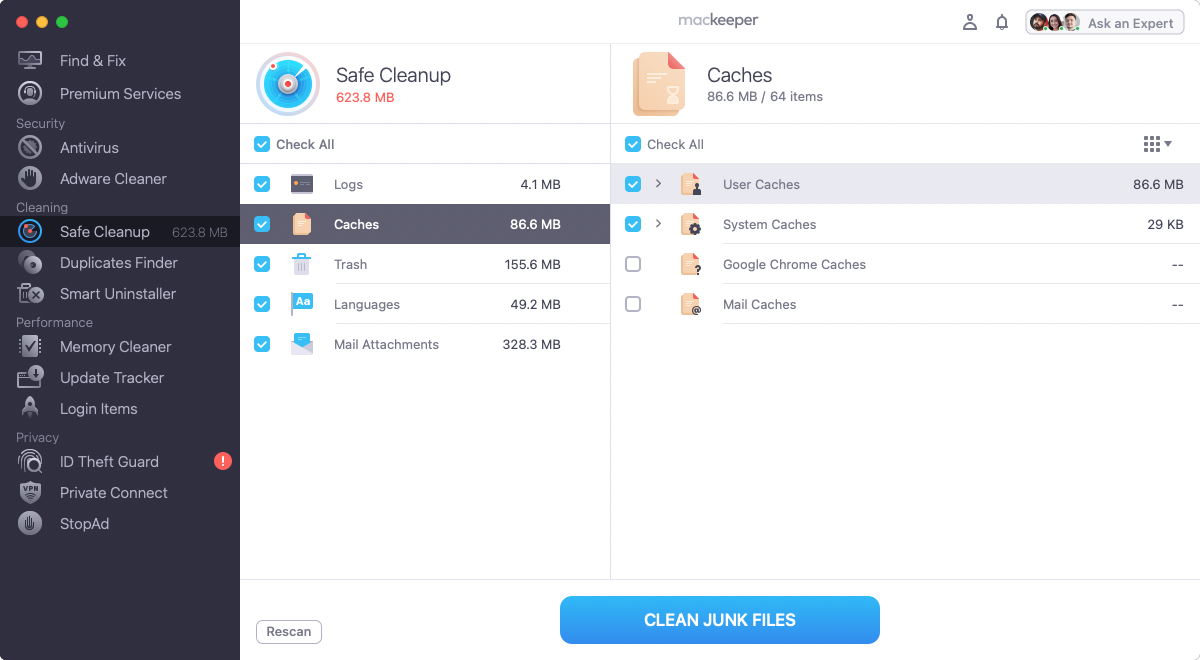 When the scan results are ready select what types of data you want to remove and click on Clean Junk Files button.