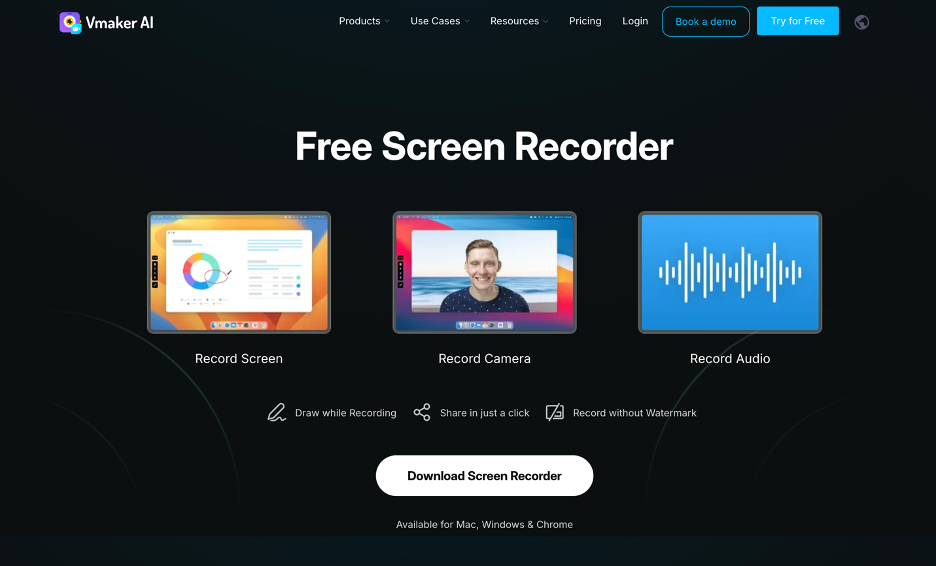 To record your screen using a third-party app, go to Vmaker’s website and download Screen Recorder on your Mac.