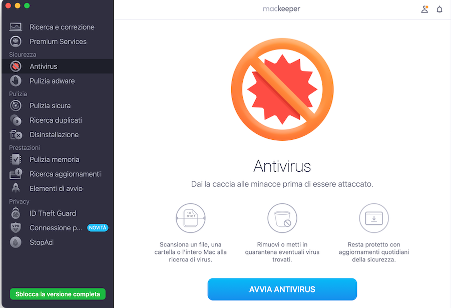 Nell’app di MacKeeper, puoi selezionare lo strumento Antivirus dal menu laterale. Può essere utile per risolvere un Mac lento o che continua a bloccarsi.