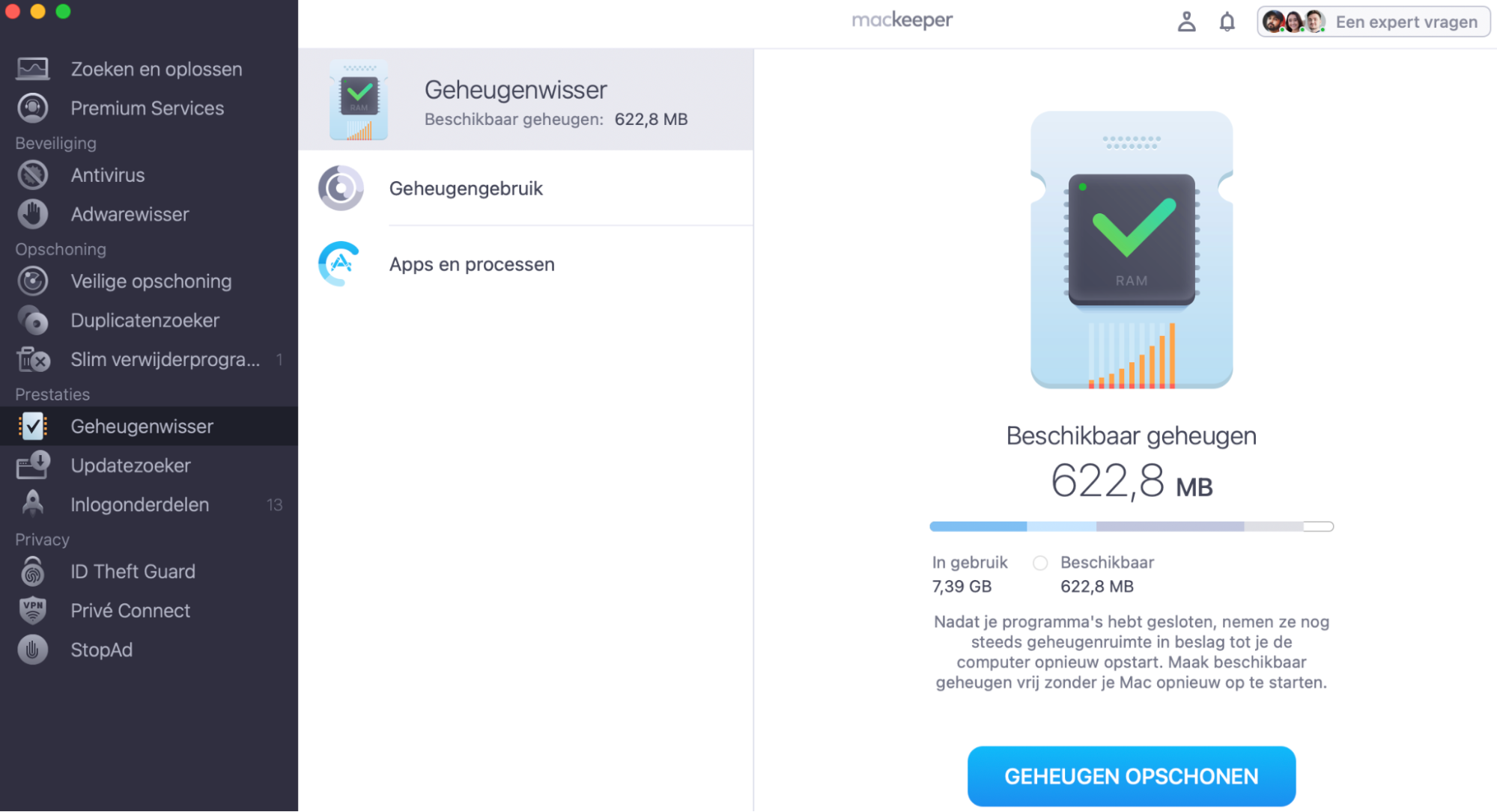 Je ziet het geheugengebruik op je Mac. Klik links op Geheugengebruik  of Apps en processen om de details te bekijken. Klik vervolgens op de knop Geheugen opschonen.