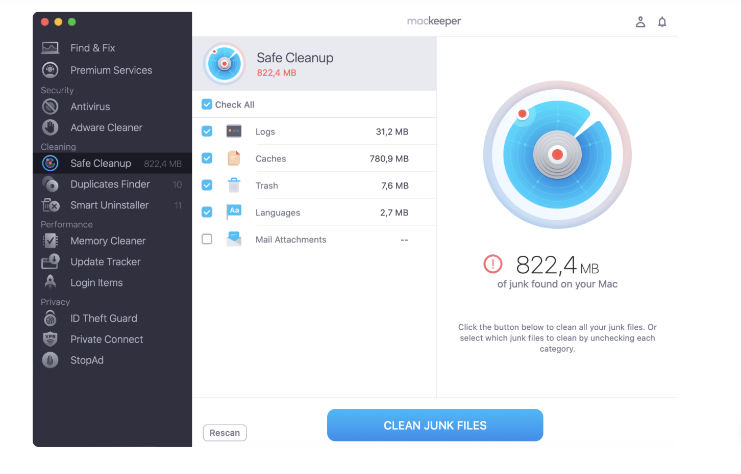 Next, you'll need to clear out the junk files that appear. Go to Clean Junk Files when the scan has completed on your Mac