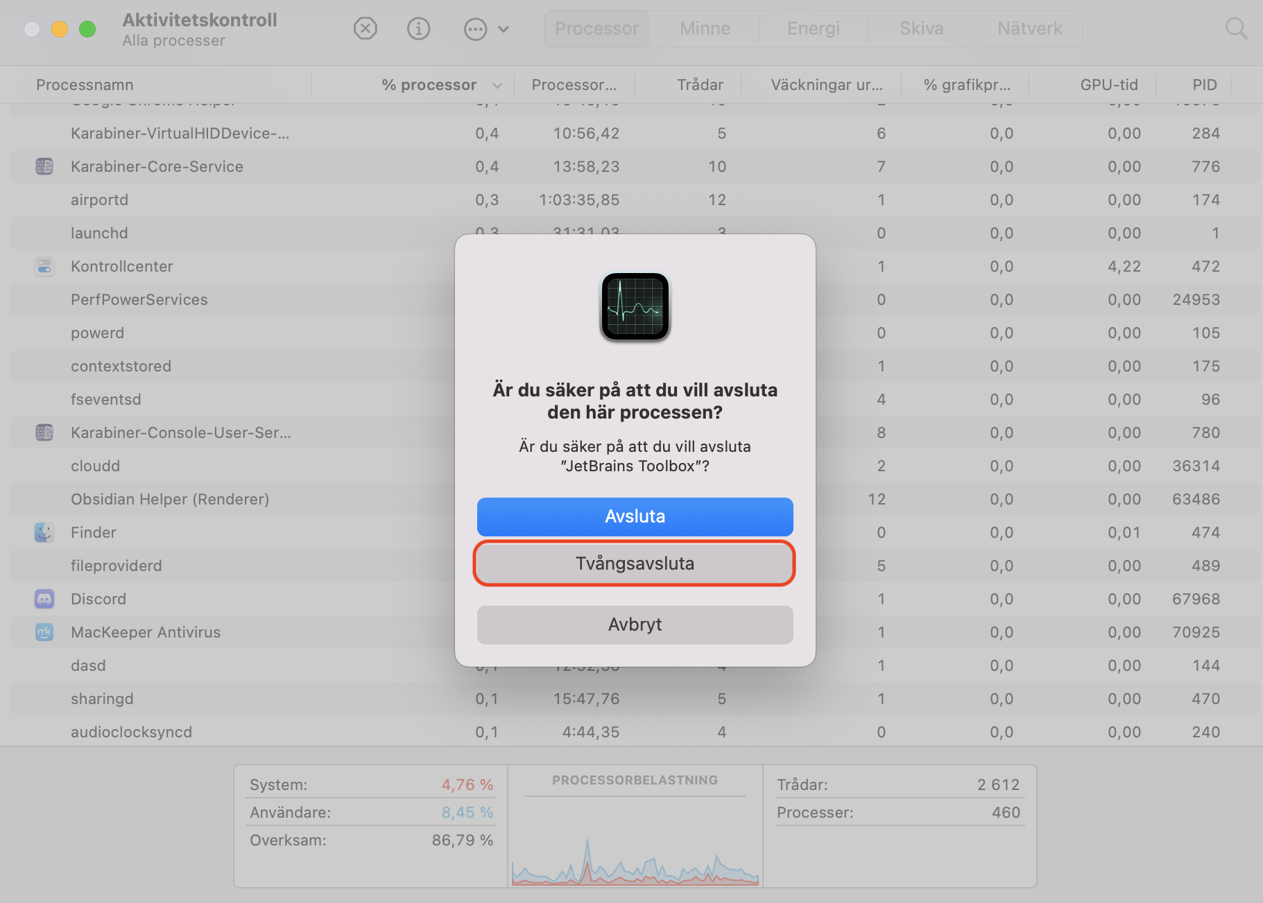En bekräftelseruta för att avsluta en aktiv process i Aktivitetskontroll på Mac. Om du kontrollerar skadlig programvara på Mac och hittar en misstänkt process, tvångsavsluta den innan du tar bort den från din dator.
