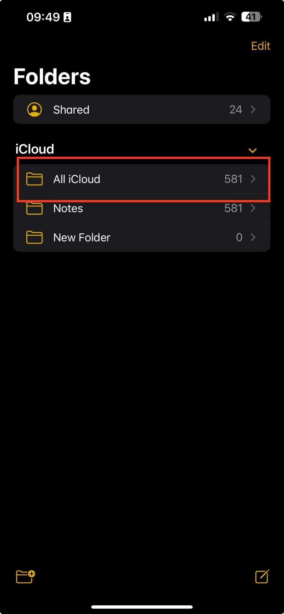 Notes settings are open on an iPhone. Browse the folder named All iCloud when notes are not syncing between iPhone and Mac.