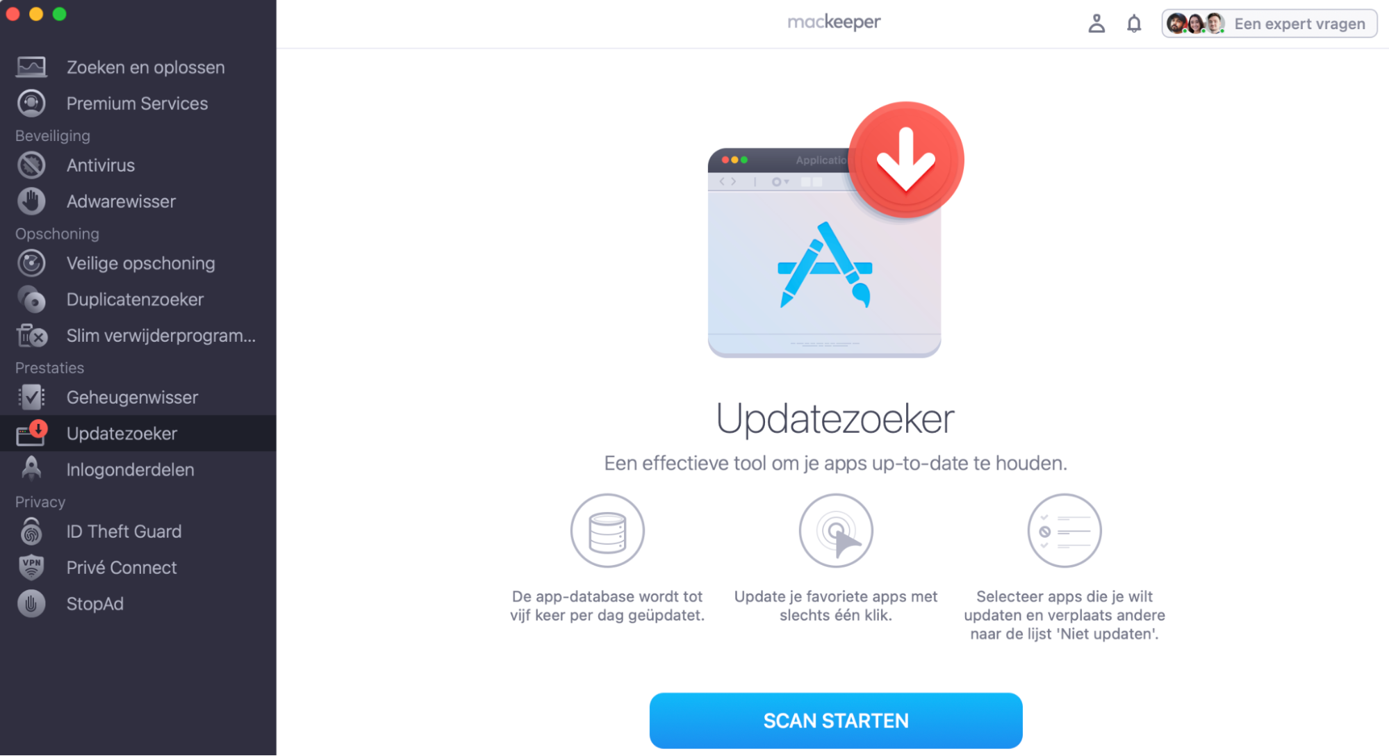 Controleer welke applicaties een update nodig hebben. Open MacKeeper en selecteer Updatezoeker in het linkermenu, en klik op Scan starten.