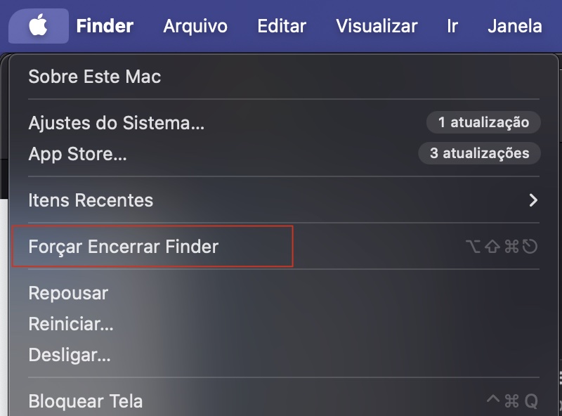 Force o encerramento do aplicativo Finder clicando no logo da Apple e pressionando Option + Shift no teclado. Em seguida, quando vir Forçar Encerrar do Finder no menu suspenso, clique nele.