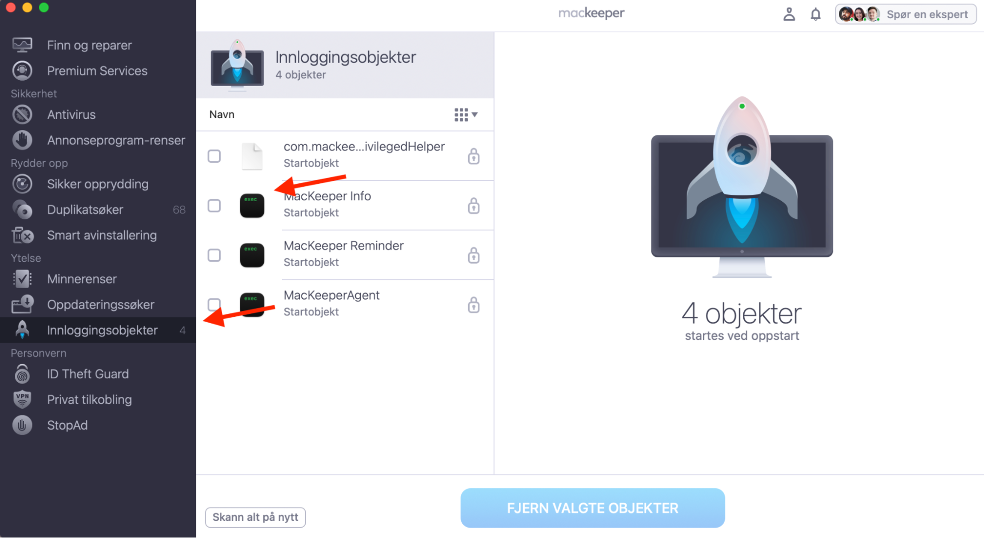 MacKeeper på Mac viser Innloggingsobjekter-verktøyet. Marker appene du ikke vil skal kjøre ved oppstart, og klikk deretter på Fjern valgte elementer.