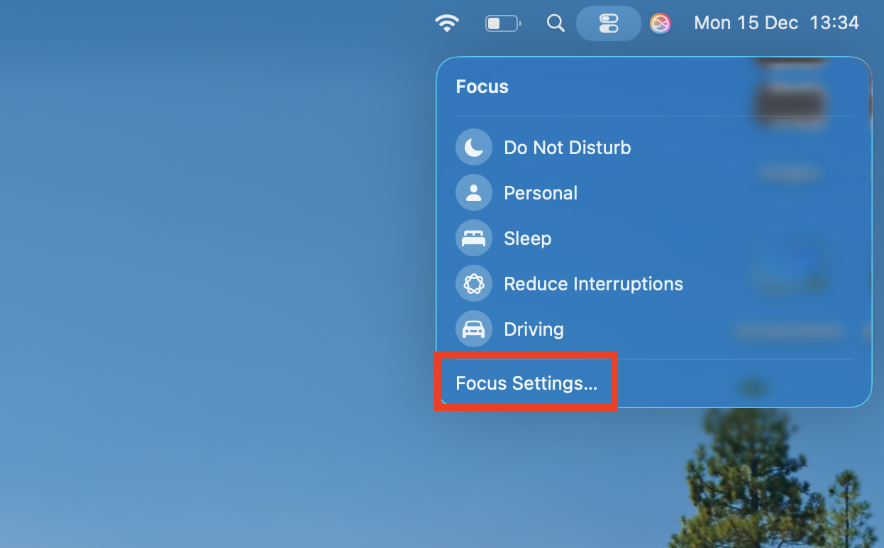 The Focus Settings option inside Control Center on Mac. Go to Focus Settings to create and edit Focus modes when you want to know how to silence notifications on Mac.
