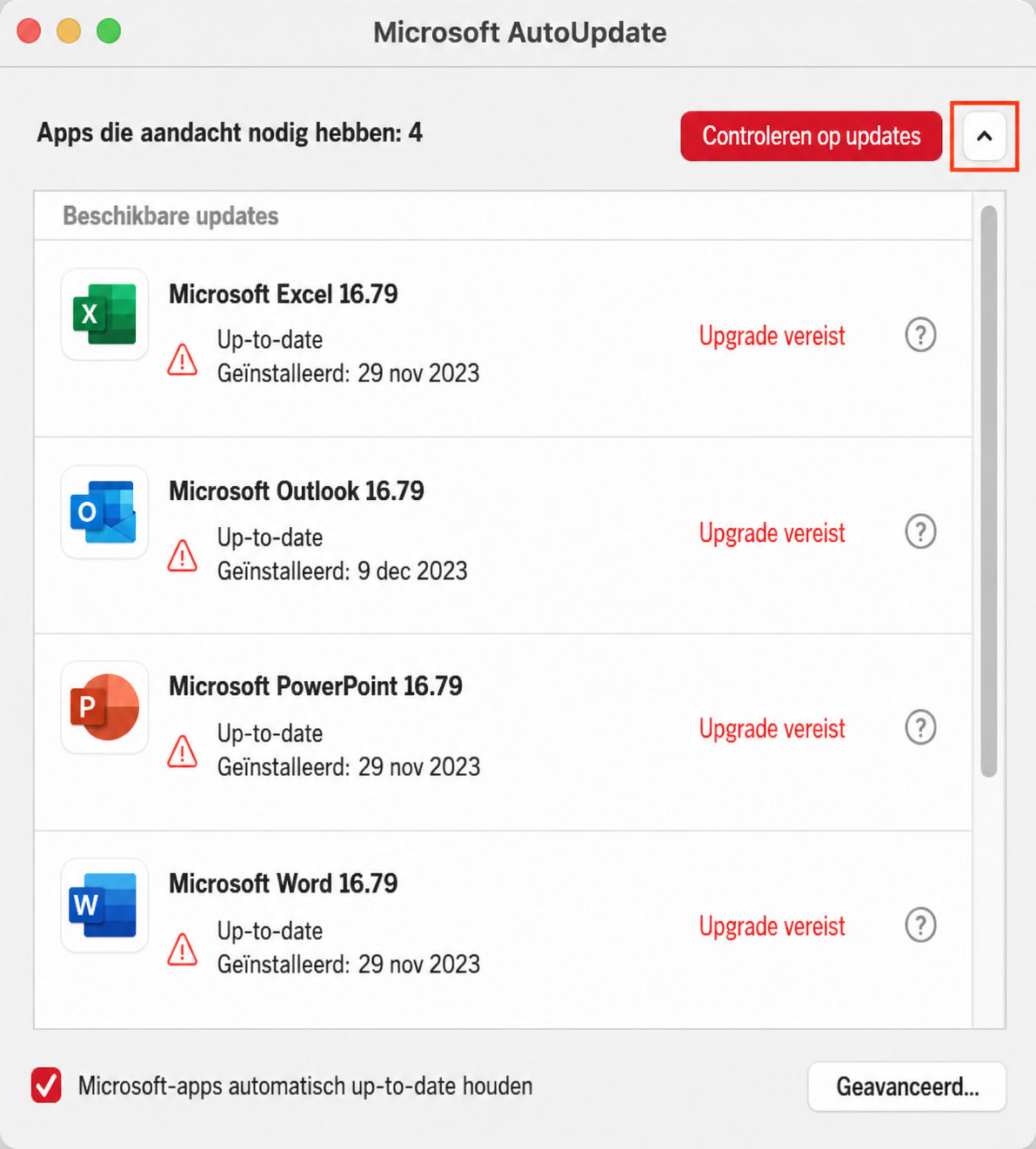 Klik op het kleine pijltje rechtsboven om het venster uit te vouwen, waardoor zichtbaar wordt welke updates beschikbaar zijn voor uw Microsoft-apps.