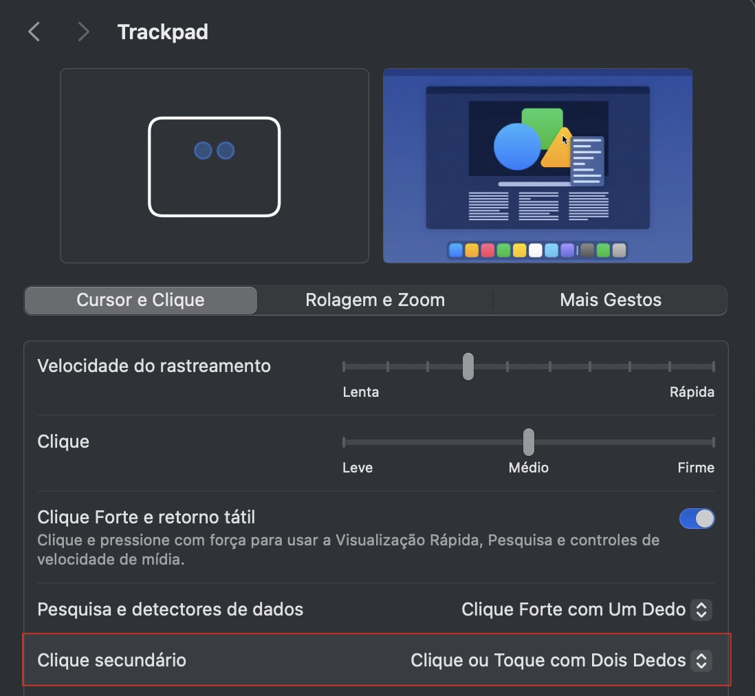 Como outra alternativa para copiar e colar no Mac, você pode usar o clique secundário pelo Trackpad. Certifique-se de que a opção correspondente esteja ativada nos ajustes do Trackpad.