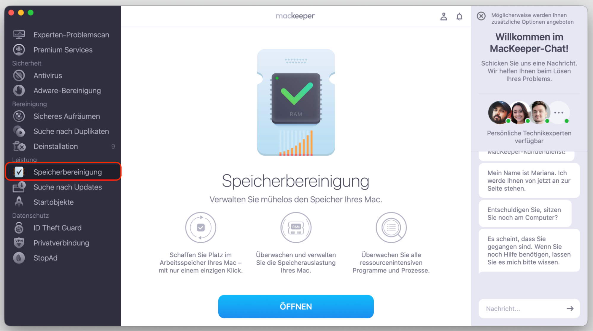 Verwenden Sie MacKeeper, um den Speicherplatz Ihres Mac zu optimieren, indem Sie das Tool Speicherbereinigung verwenden.