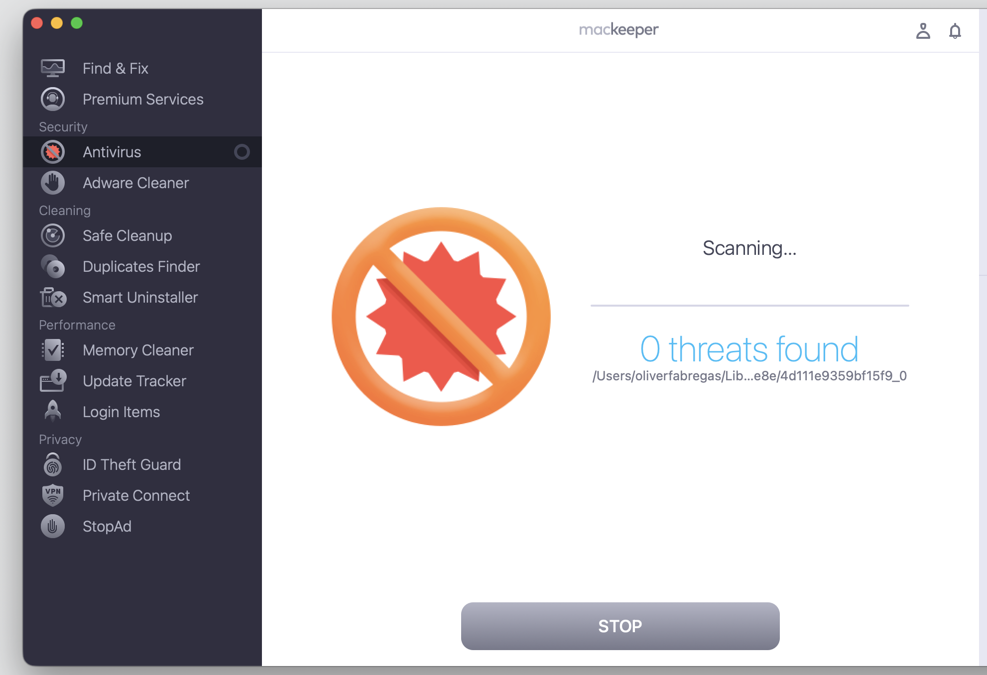 The MacKeeper's Antivirus window on a MacBook processing a full scan, checking your Mac for malware linked to the clipboard manipulation error.