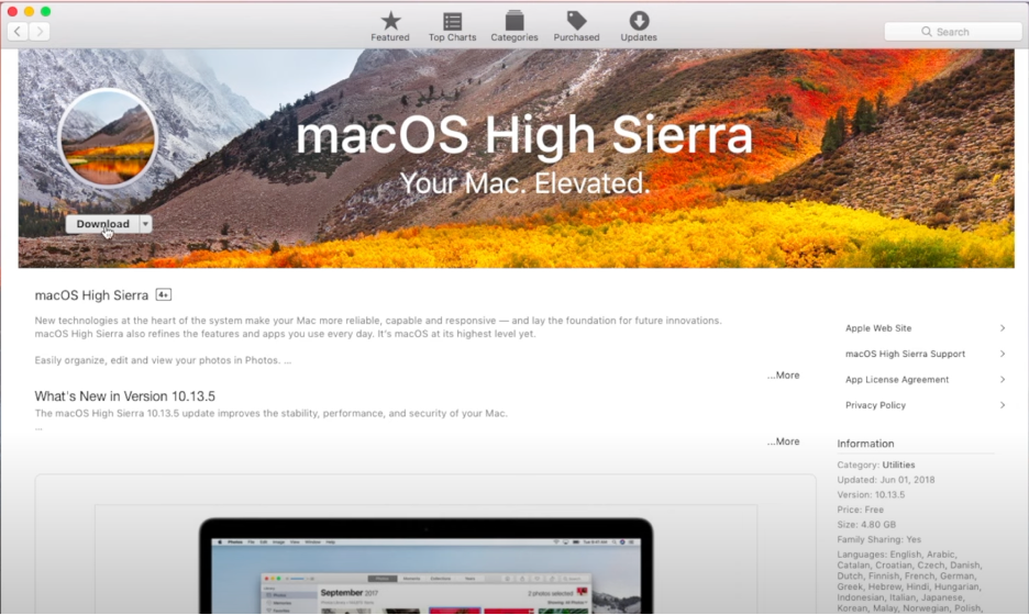 To use a bootable USB installer to factory reset your Mac, go to the Mac App Store and download the macOS High Sierra installer.