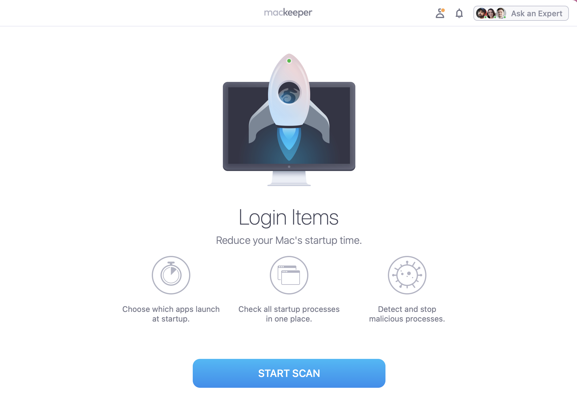 To manage what apps or programs run when you turn on your Mac, we suggest trying out the MacKeeper Login Items tool. Open the app, click on Login Items, and Press Start Scan.