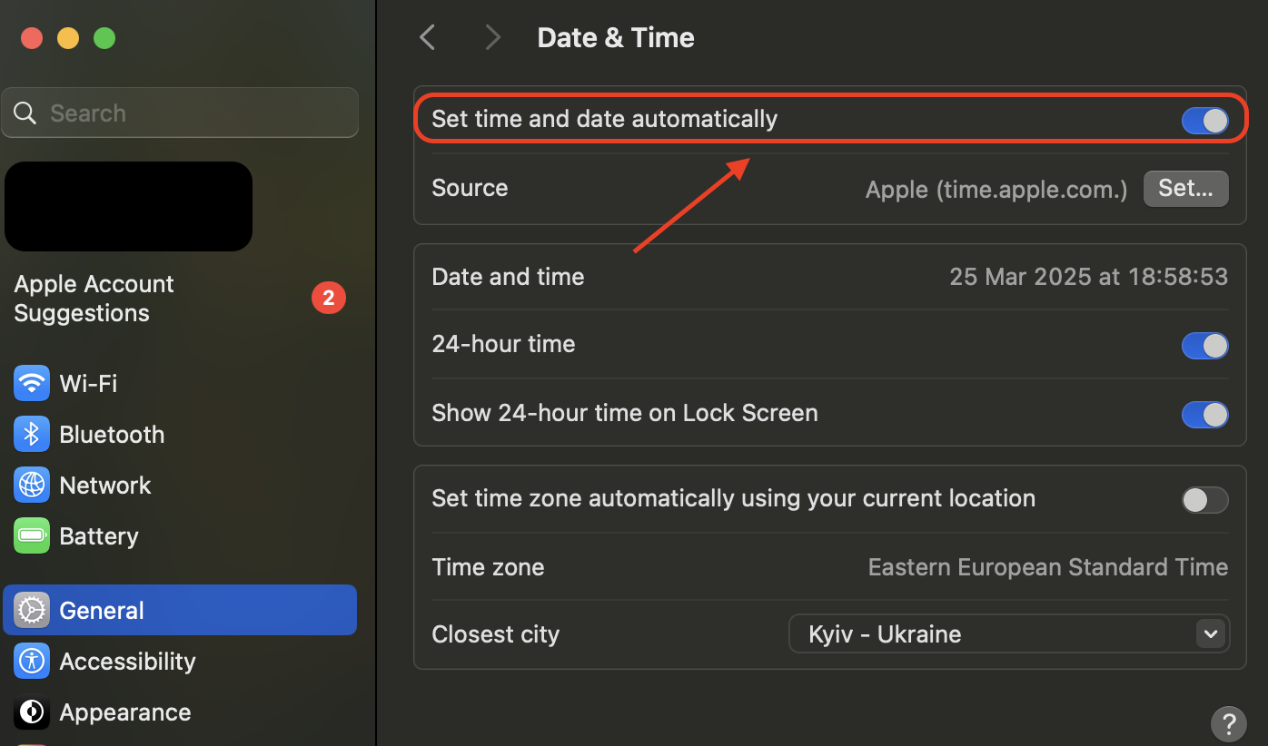 In the Date & Time section, turn on the option labeled Set time and date automatically to sync your Mac’s clock with an internet time server.