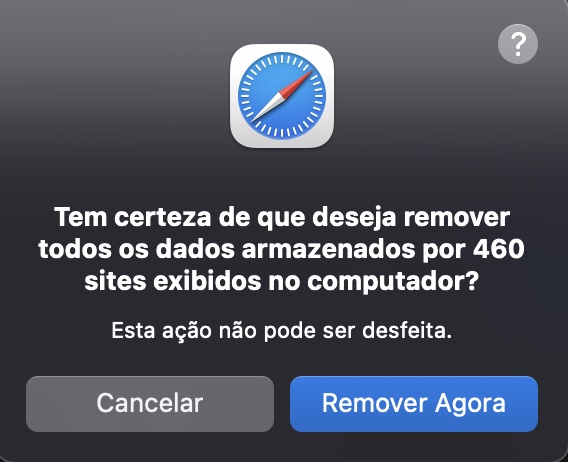O Safari no Mac mostra a mensagem de confirmação para excluir todos os dados dos sites. Clique em Remover Agora para apagar todos os arquivos temporários de cache.