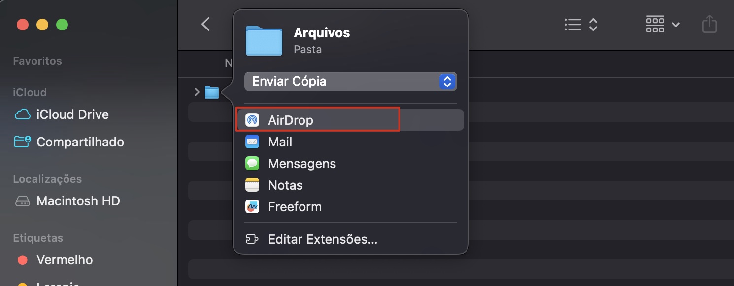 No menu suspenso, selecione AirDrop para compartilhar os arquivos ou a pasta escolhida com o dispositivo iPhone desejado.