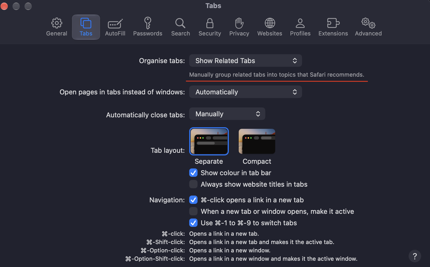 Safari Settings Tabs pane on a MacBook, with the Organise tabs menu set to Show Related Tabs to cluster open pages by topic in macOS 27.