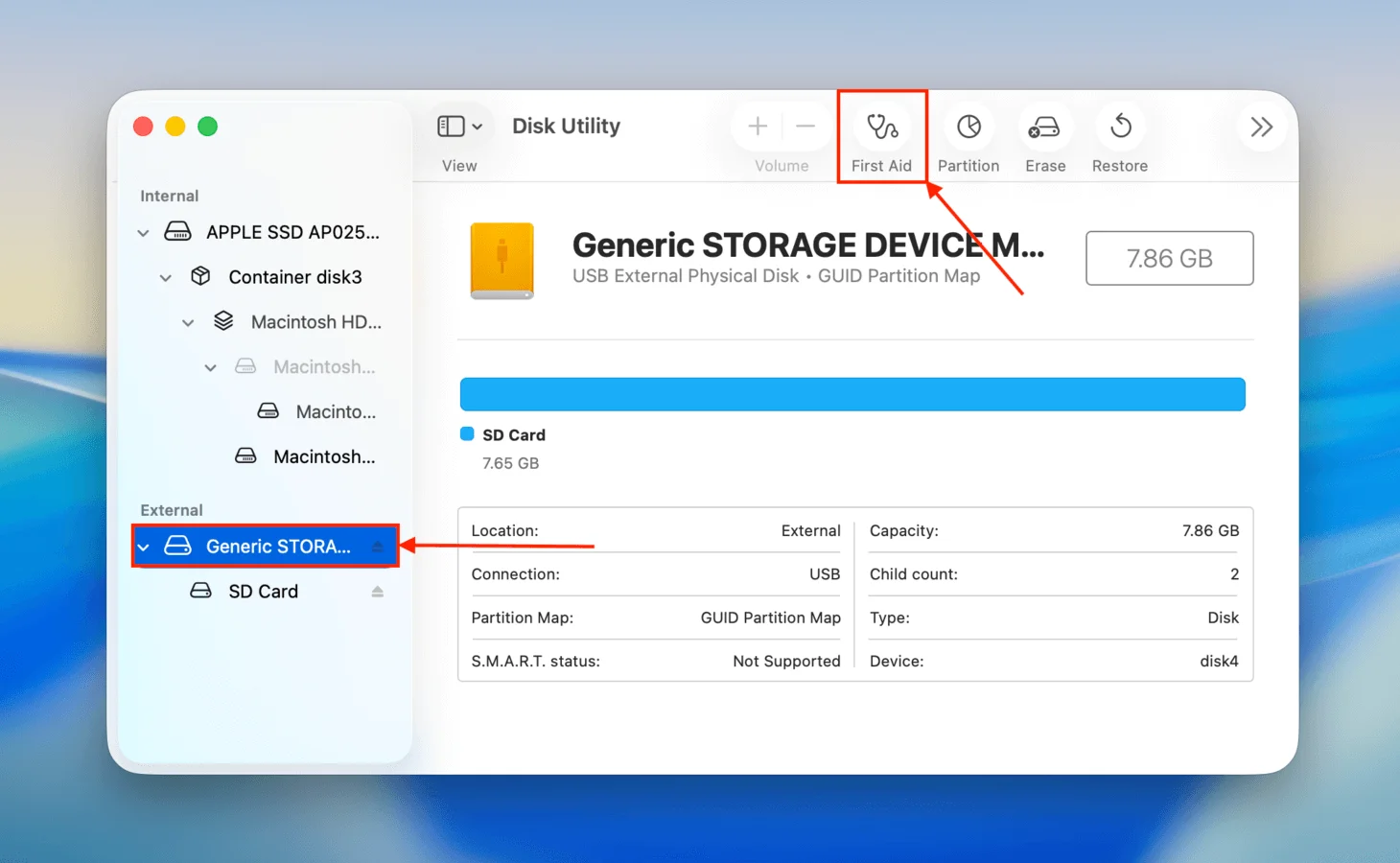 Select the SD card in Disk Utility, click First Aid at the top, then click Run to scan and repair file system errors.