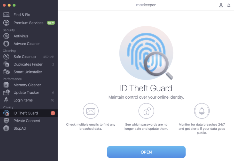To check for any data breaches, open the MacKeeper app and head to the ID Theft Guard tool. Then press on the Open button to begin.