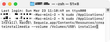 Geben Sie in Terminal „sudo /Applications/Install\ macOS\ Sequoia.app/Contents/Resources/createinstallmedia --volume /Volumes/MyVolume“ ein und ersetzen Sie die Angaben durch Ihre macOS-Version und den Namen Ihres Laufwerks.