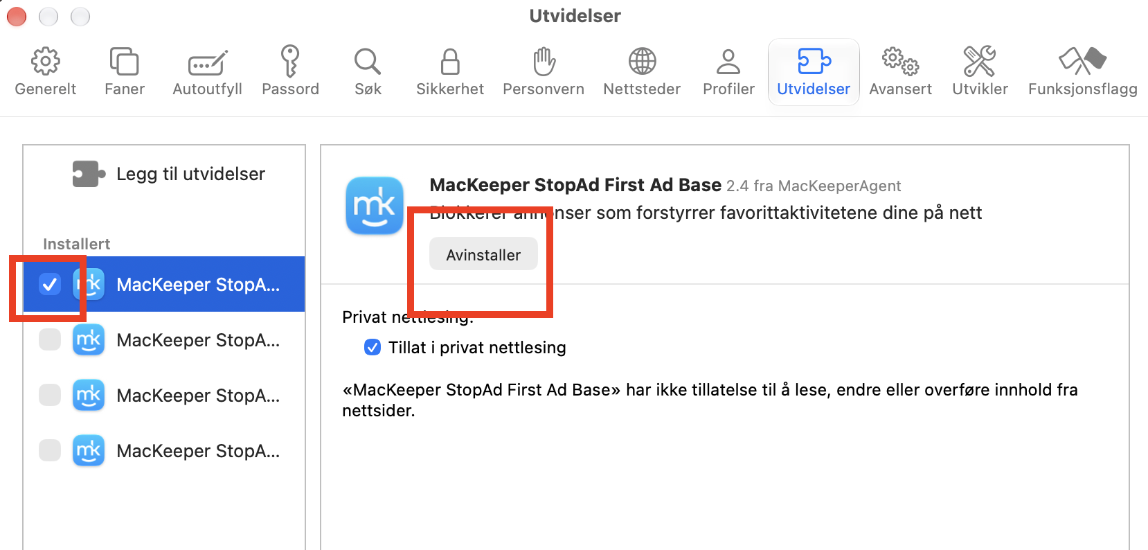 For å fjerne nettleserutvidelser for å redusere Annet-rot, naviger til nettleserinnstillingene dine og se etter utvidelser. Kryss av for de du vil fjerne, og klikk på Avinstaller-knappen.