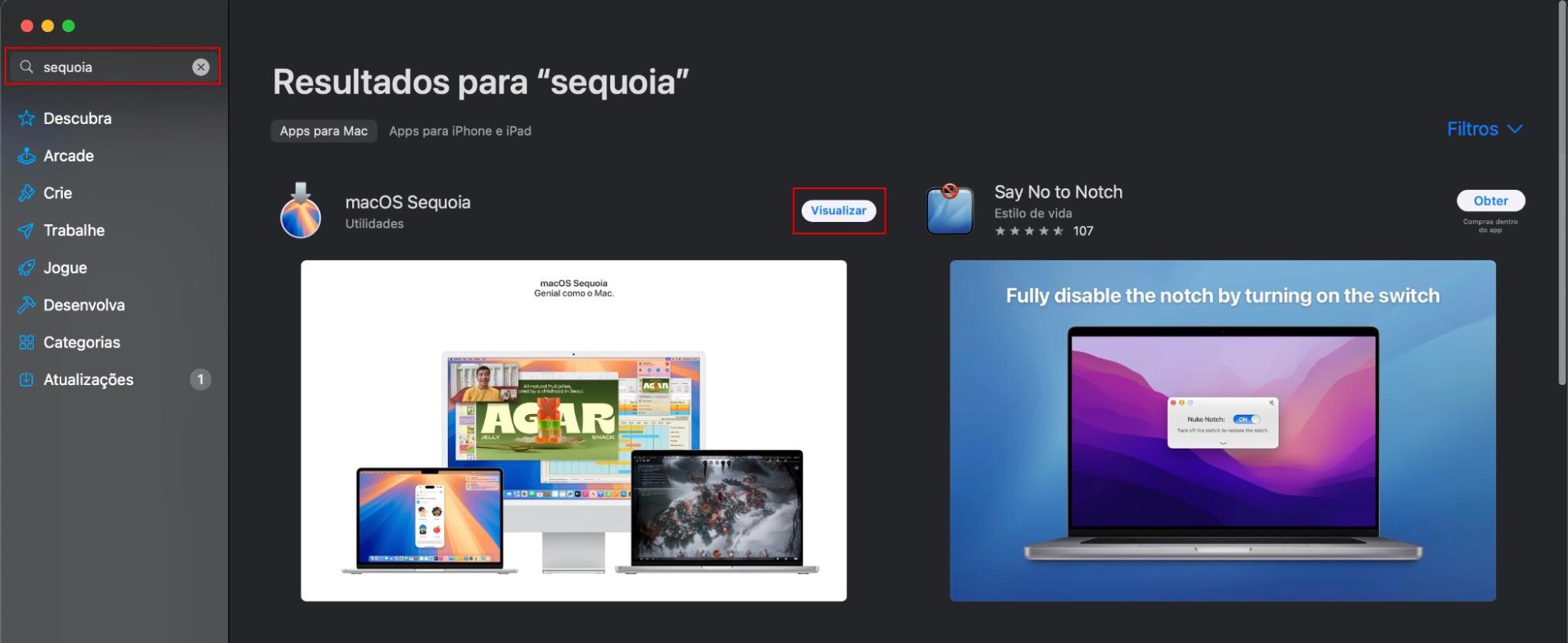 Para atualizar a versão do macOS, clique no ícone da Apple Store, digite sequoia, encontre o macOS Sequoia e clique em Visualizar.