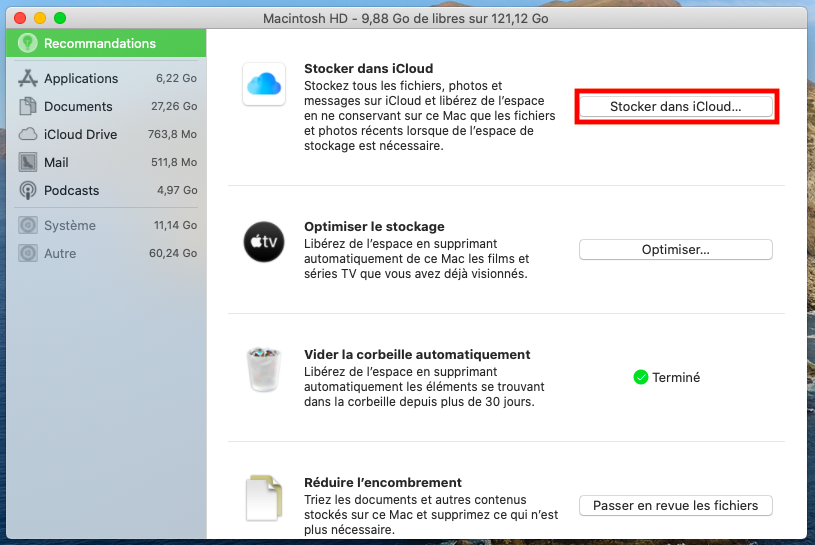 Utilisez l'iCloud pour optimiser l'espace de votre Mac. Rendez-vous dans Recommandations, comme décrit ci-dessus, puis cliquez sur le bouton Stocker dans iCloud.