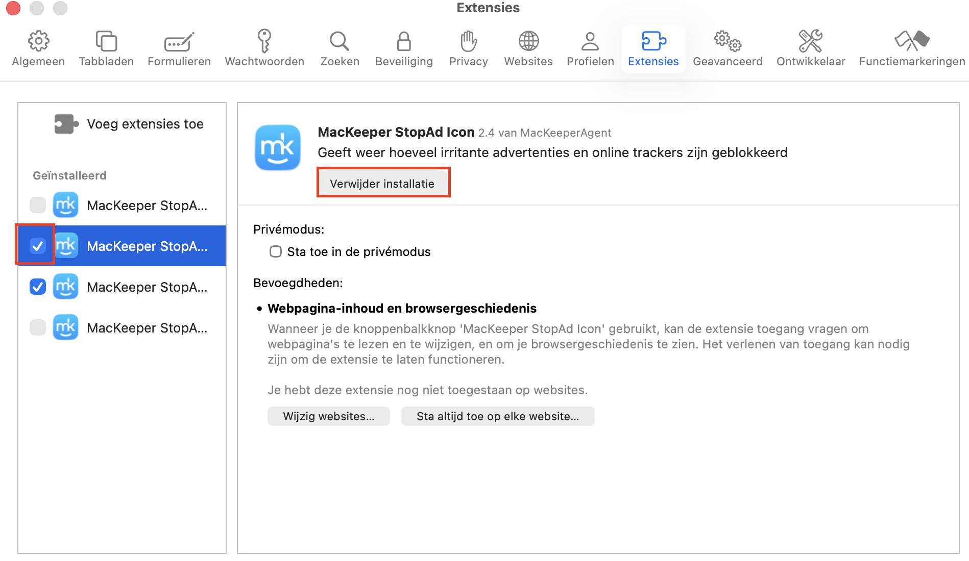 Om webbrowserextensies te verwijderen en de ‘Overige’ opslag te verkleinen, ga je naar de browserinstellingen en zoek je naar Extensies. Vink de extensies aan die je wilt verwijderen en klik op Verwijderen.