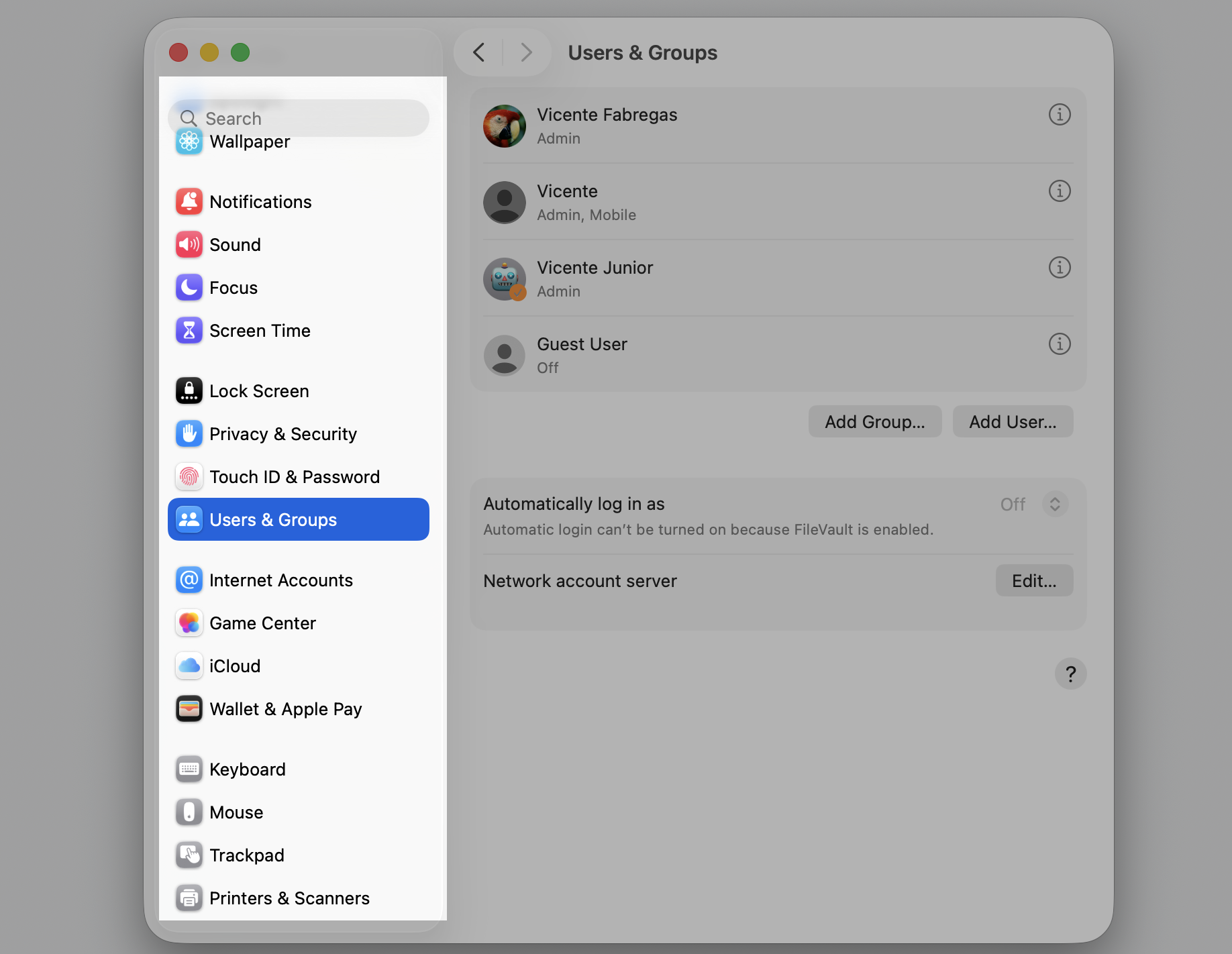 macOS System Settings on an Apple computer with Users & Groups selected in the sidebar, showing existing accounts on the Apple device.