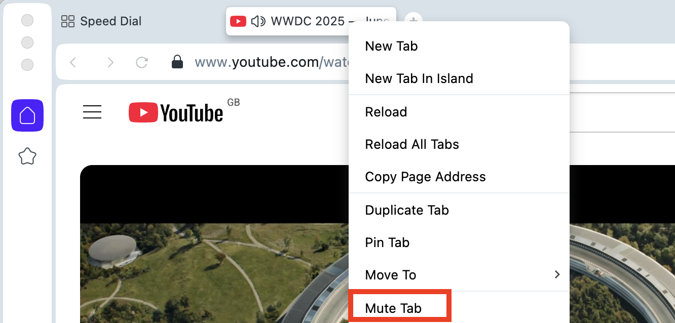 The contextual menu that appears after right-clicking a tab in Safari on Mac. You can use the Mute Tab option to silence a tab on Mac.