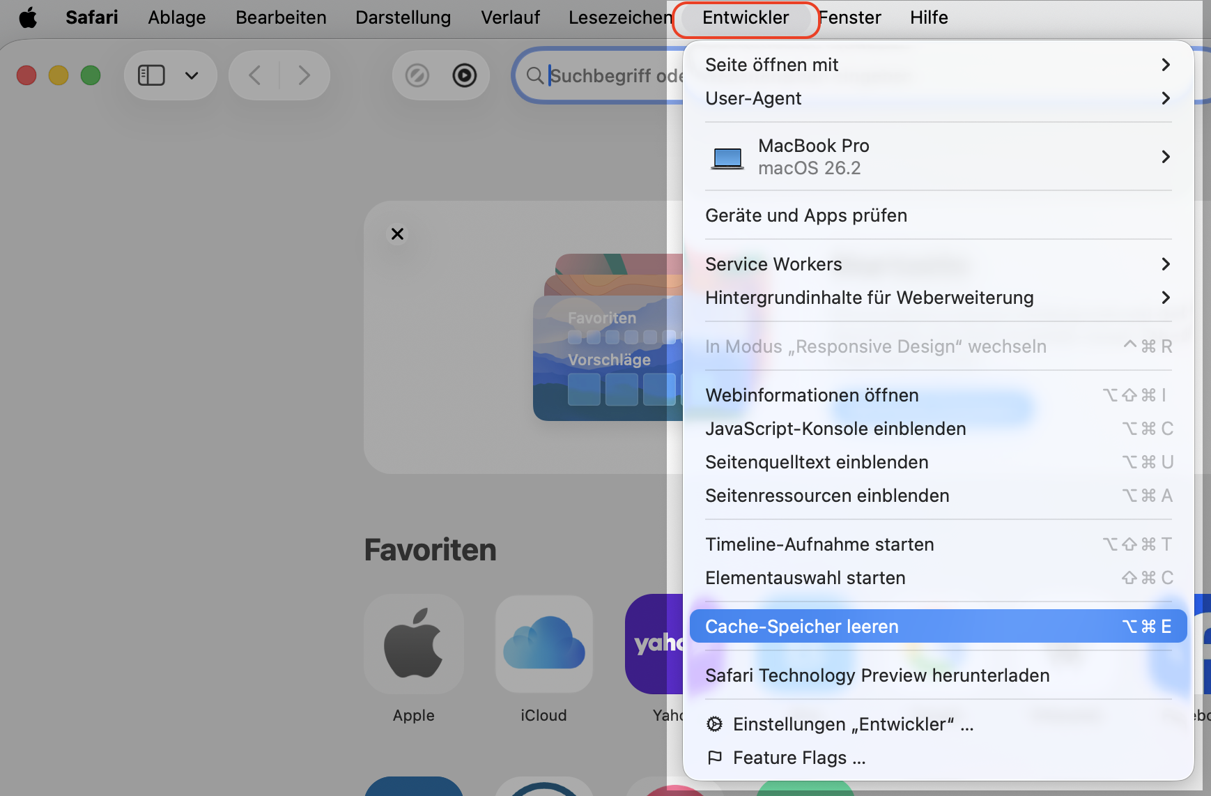 Safari mit geöffnetem Entwickler-Menü und hervorgehobener Option Cache-Speicher leeren. So leeren und setzen Sie Safari zurück, als Teil einer Anleitung, wie man gefälschte McAfee-Pop-ups auf dem Mac blockieren kann.